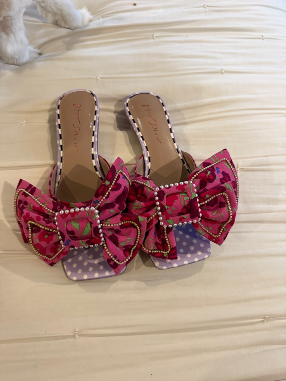 Floral Hot Pink Bow Slip-On Mules with Polka Dot Insole